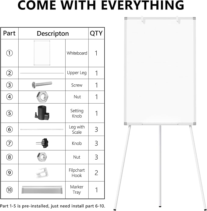 Easel White Board with Stand, 36" x 24" Magnetic Portable Dry Erase Whiteboard, 3' x 2' Tripod Height Adjustable Flip Chart Standing Easel for Office or Teaching Kids at Home & Classroom, Silver