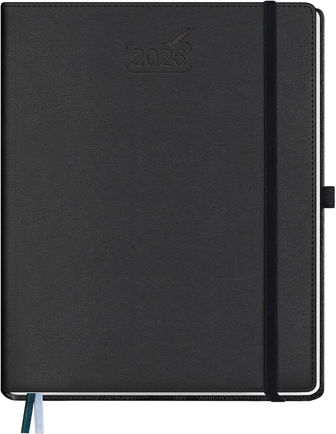 BEZEND 2026 Planner Weekly and Monthly (8.5" x 11") Daily Calendar with Hourly Timeslots & Tab (Jan-Dec) Note & Expenses, Pen Holder, Inner Pocket, Vegan Leather Hardcover - Black