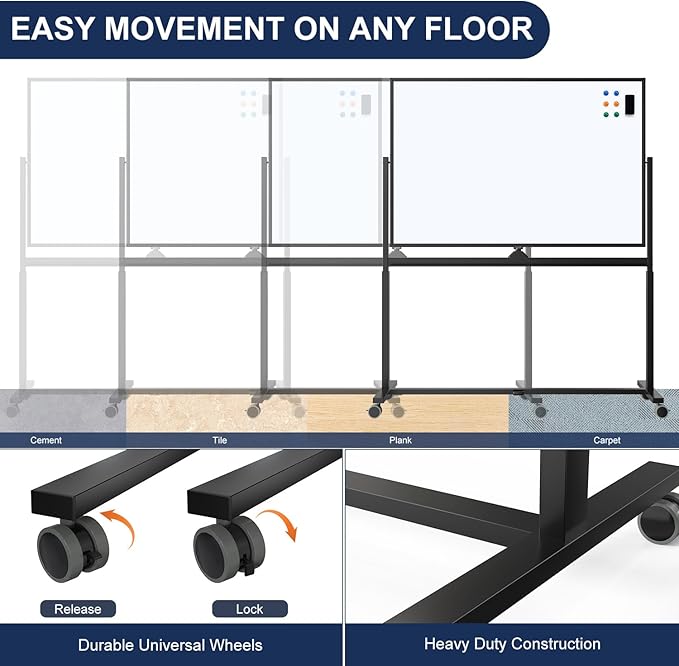 Large Dry-Erase Rolling Magnetic Whiteboard - TSJ OFFICE 48 x 32 Inches Dry Erase Board with Stand Height Adjust Double Sides Mobile White Board Easel on Wheels Office, Home & Classroom