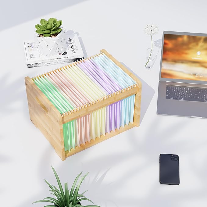 Bamboo Hanging File Organizer, Office Desk File Organizer for Letter Size, Wood Hanging File Folders Organizer Record Holder Storage Stand Bookshelf Easy Assembly, Natural
