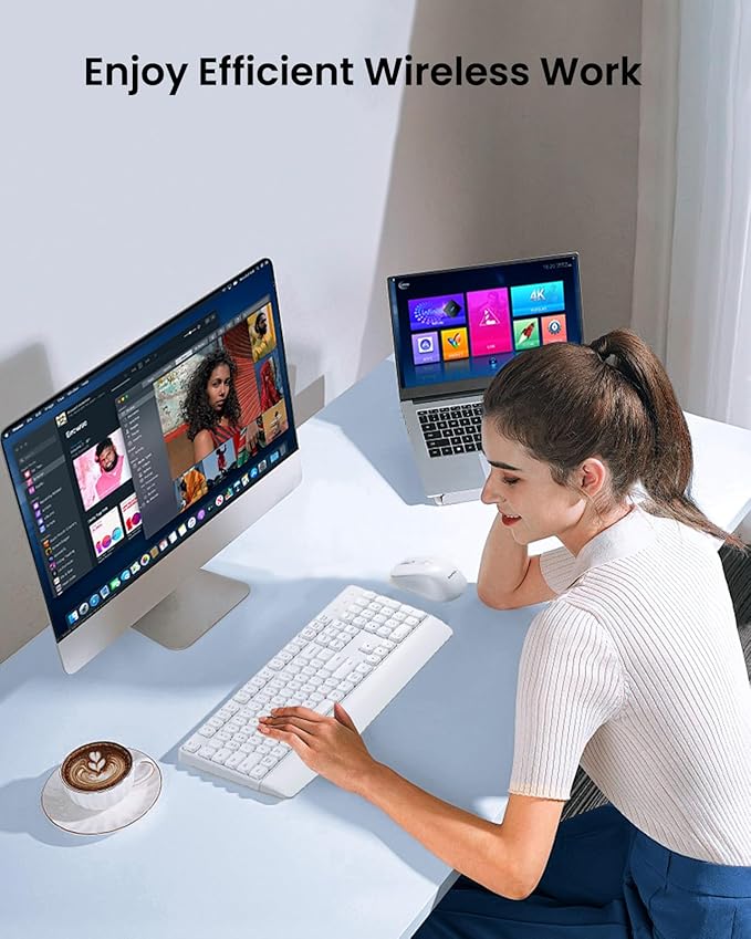 seenda Wireless Bluetooth Keyboard and Mouse Combo, COE200 Ergonomic Wireless Keyboard Mouse with Wrist Rest, Multi-Device Connection, Full-Size, Compatible for Computer/Laptop/Mac/MacBook, White