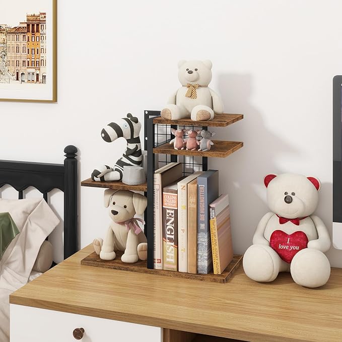 ELITEROO Desktop Shelf Organizer, 4-Tier Wooden Desk Bookshelf, Small Tabletop Book Shelf, Adjustable Display Rack for Home, Office, Dorm, Rustic Brown