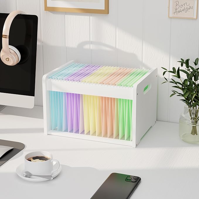 Bamboo Hanging File Organizer, Office Desk File Organizer for Letter Size, Wood Hanging File Folders Organizer Record Holder Storage Stand Bookshelf Easy Assembly, White