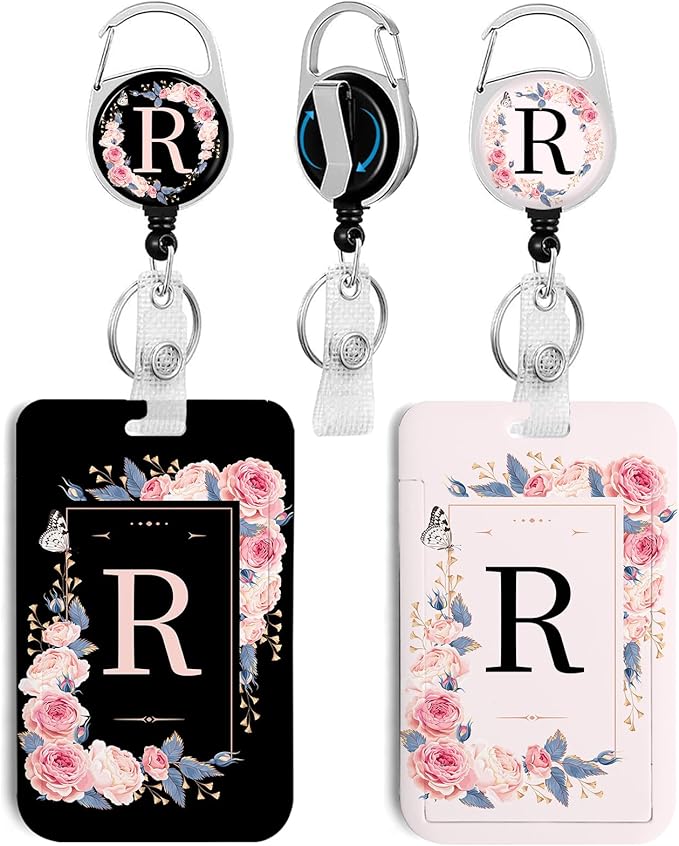 2 Pack A-Z Letter ID Badge Holder with Clip Badge Reels Retractable Heavy Duty,Keychain，ID Holder for School Nurse Office R