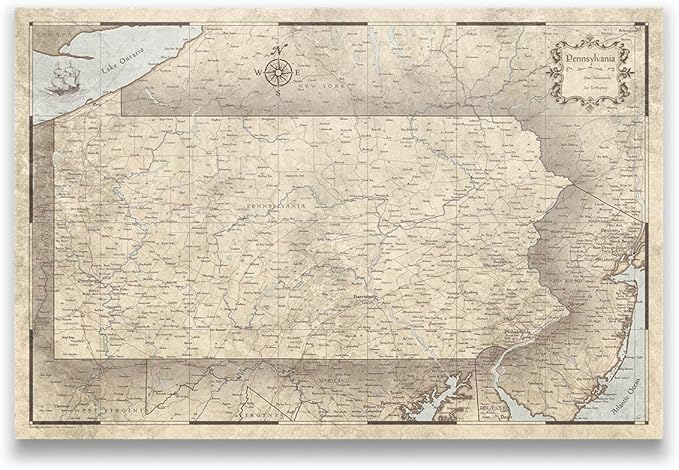 Push Pin Pennsylvania Map Board - With Push Pins to Mark Pennsylvania Travels - Handmade in Ohio, USA - Design: Rustic Vintage