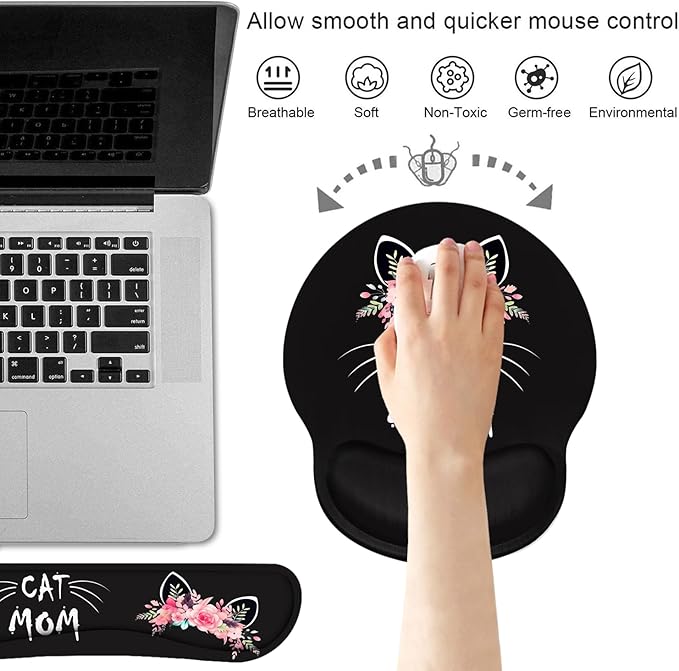 Keyboard Wrist Rest and Mouse Pad Wrist Support Set with Coasters, Non-Slip PU Base Ergonomic Gaming Mousepad for Home Office Working Studying Easy Typing & Pain Relief, Cat Mom Floral