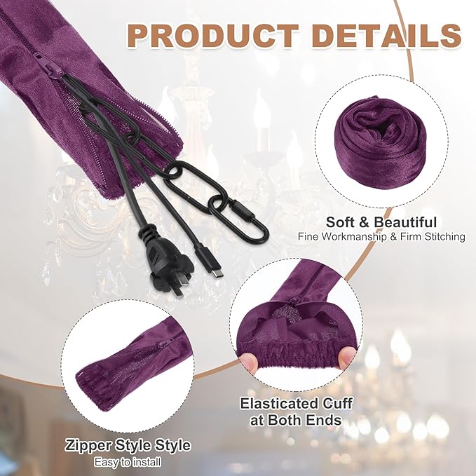 PATIKIL 3.3ft Chandelier Chain Cord Cover, 2 Pcs Velvet Cloth Fabric Chain Sleeve Decorative Cord Covers for Chandelier Wires Swing Cable, Zipper Style, Purple