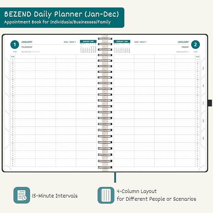 BEZEND Daily Appointment Book 2026 Page per Day Even Weekends (Large-8.25" x 11.75") 15-Minute Timeslots in 4 Columns, Monthly Planner with Tabs & Week Schedule, PU Leather Softcover in Cornflower