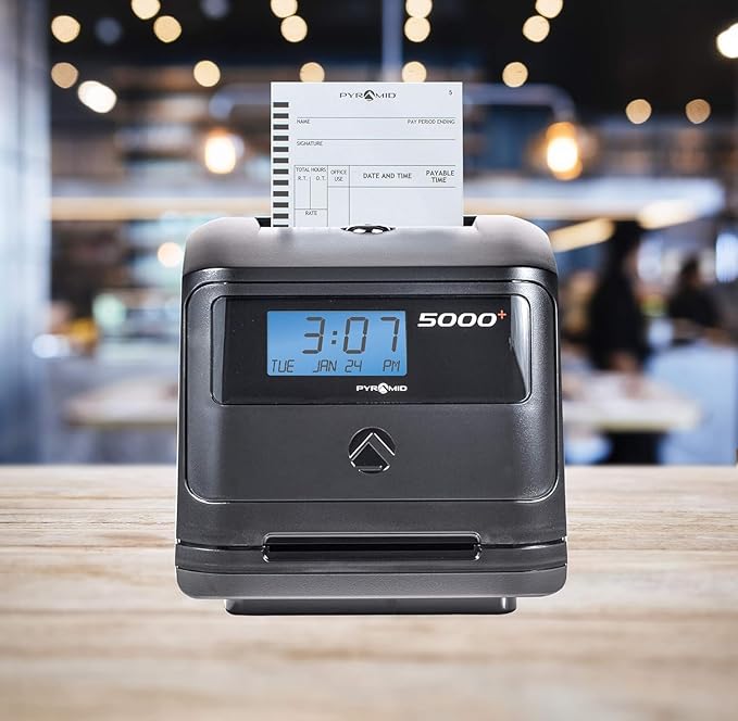 Pyramid Time Systems - Model 5000 Auto Totaling Time Clock, Employee in/Out Time Tracker for Small Business, Includes: 25 Time Cards,1 Ink Ribbon Cartridge, 2 Security Keys and User Guide - Black
