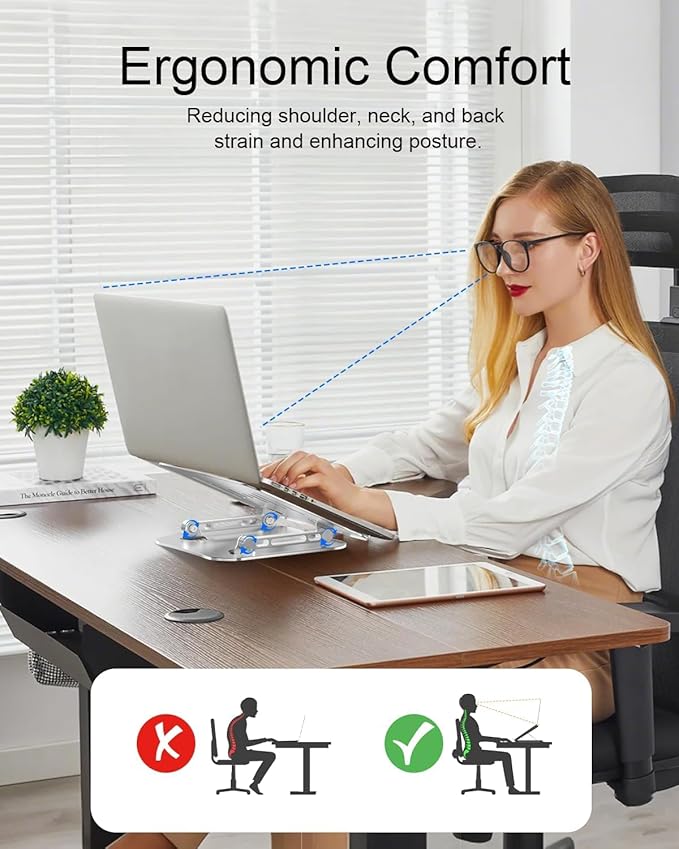 Laptop Stand for Desk Adjustable Height Portable Laptop Riser Aluminum Laptop Stand for Desk Foldable with Ergonomic 10-17" Silver