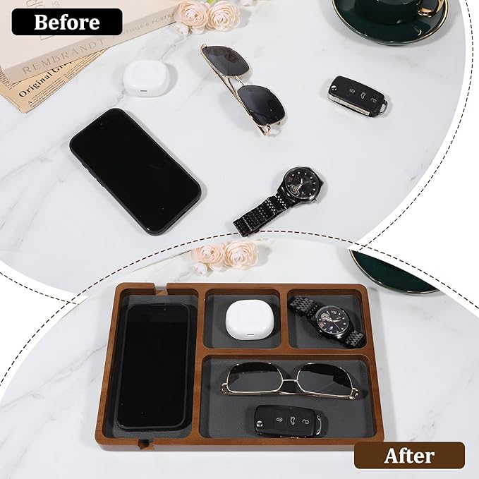 Wooden Valet Tray, 4 Grids Catch All Tray with Leather Inlay Wallet Trays Organizer for Nightstand, Desk, Entryway Stylish Durable EDC Catchall Trays for Keys, Wallet, Watch, Jewelry, Phone