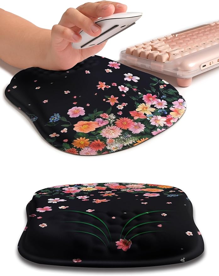 Hokafenle Ergonomic Wrist-Hugging Mouse Pad Wrist Support, U-Shaped Holding Wrist Rest Mousepad for Carpal Tunnel Pain Relief with Cushioned Memory Foam Slope Massage Bulge (10.2x8.3 in,Fall Flower)