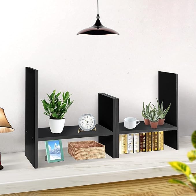 J.M.Deco Desktop Organizers and Storage for Office, Adjustable Desktop Organizer Shelf Double H Display, True Natural Stand Shelf, Black