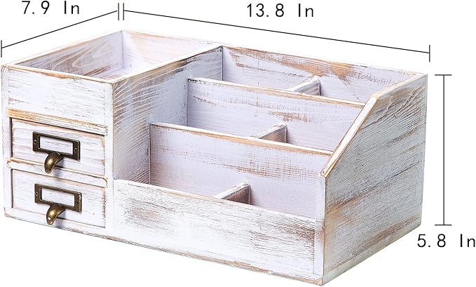 Distressed Rustic Wooden Office Desktop Organizer Shelf Tabletop Home Organizer Storage with Multiple Compartments 2 Tier Drawers perfect Jewelry storage Display Box for Desk Vanity (Washed white)