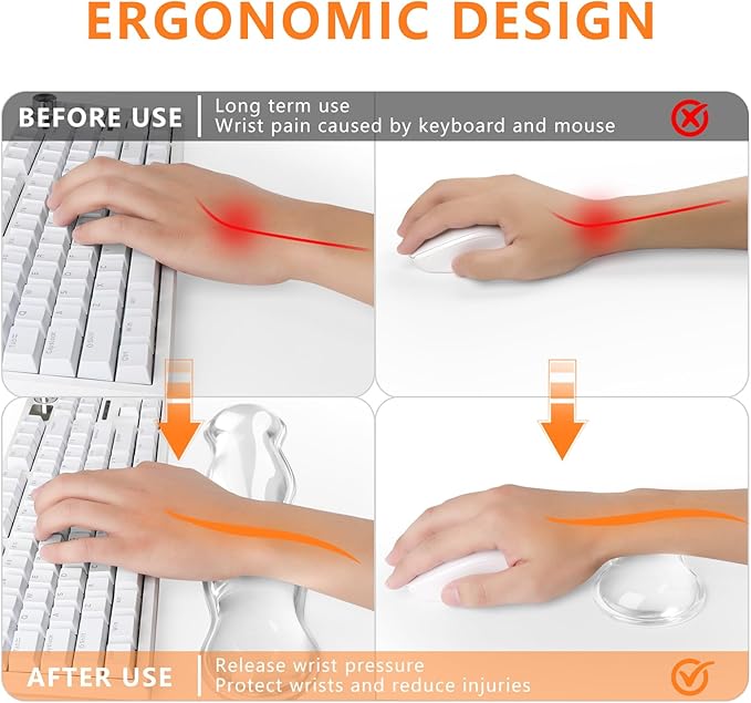 Gel Keyboard Wrist Rest, Cute Wrist Support and Arm Support Keyboard Rest for Keyboard and Mouse Typing Pain Relief，Suitable for Office/Computer/Laptop/Gaming（Transparent White Set ）