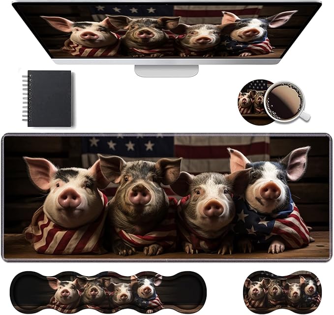 Ergonomic Keyboard Wrist Rest & Mouse Pad Wrist Rest Set, Large XXL Gaming Desk Mat 31.5"x 11.8" with Memory Foam, Easy Typing Pain Relief for Office & Home, Funny Piggy Wrapped in American Flag