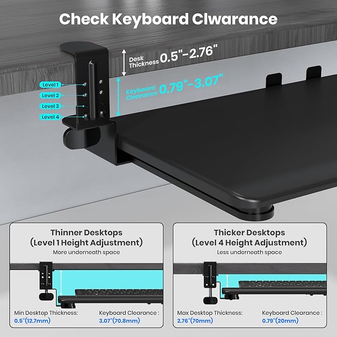 Keyboard Tray Under Desk, Pull Out Keyboard & Mouse Tray with Adjustable C-clamp, 25.6(31.5 Including Clamps) x 11.8 Inch Slide Out Computer Keyboard Drawer Mouse Tray for Typing, Black