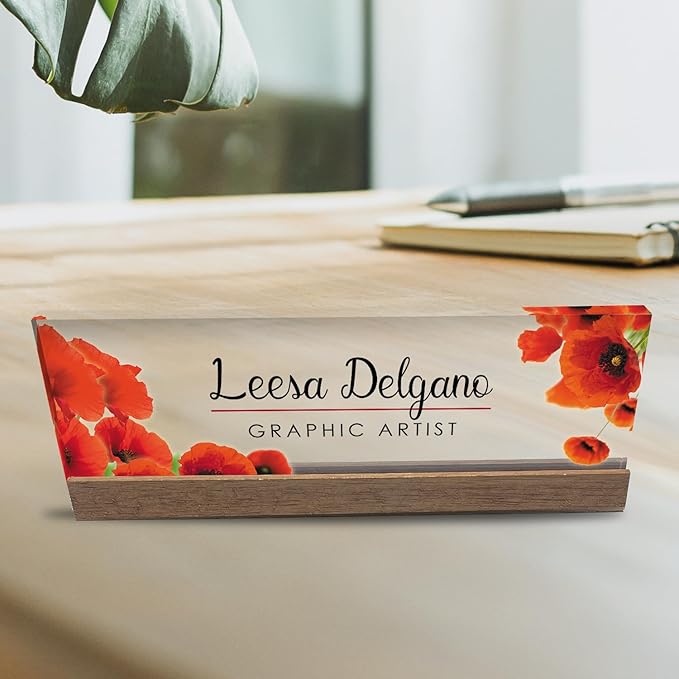 Artblox Office Personalized Name Plate for Desk with Business Card Holder On Clear Acrylic Glass Poppy Flowers Design Custom Desk Name Plate with Your Name and Credentials Customized Gift