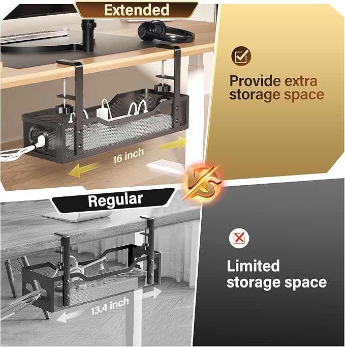 [Upgraded] 2 Pack Under Desk Cable Management Tray, Cinati Cord Organizers for Table Thickness up to 3", 16" Wire Organization with Clamp No Drill, Cable Management Box for Office - No Damage to Desk
