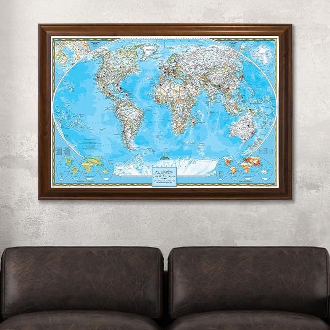 Canvas Classic World Map Pin Board – Framed Travel Map with Pins for Wall – Personalized Push Pin World Map for Tracking Journeys – 27.5" x 39.5" Brown Frame