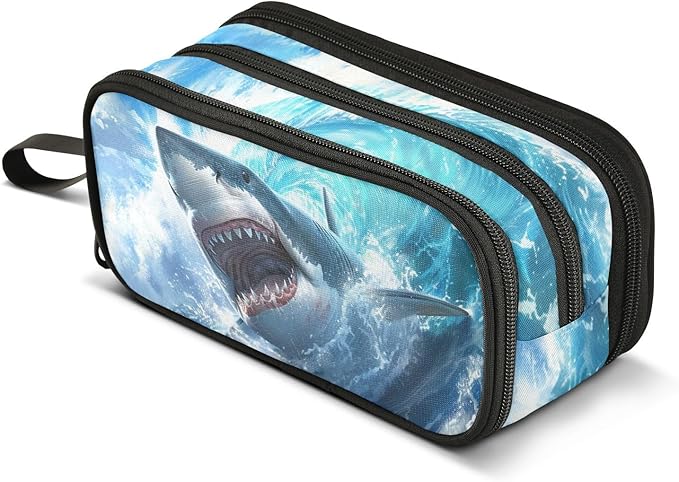Shark Blue Ocean Wave Pencil Case Box Boys Girls Large Pencil Pouch with Zipper Compartments Big Capacity Stationery Pen Bag Organizer for Kids Teens Adults School