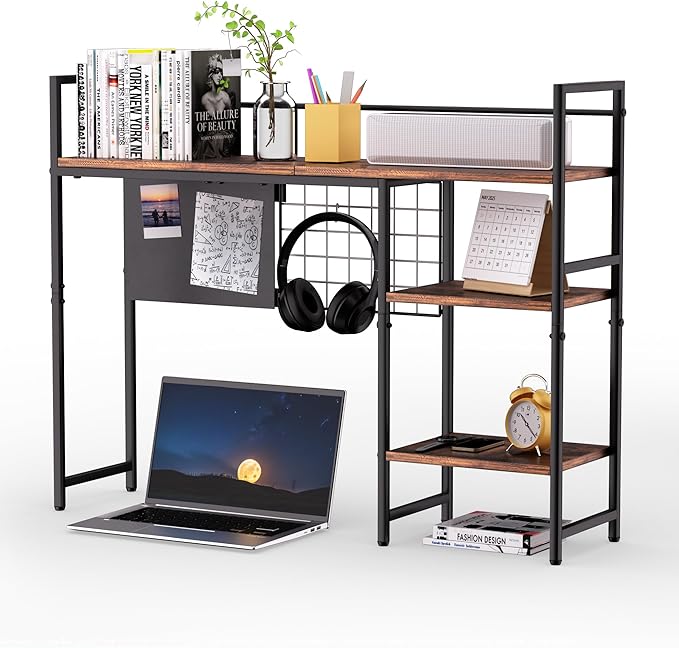 38.5" 3-Tier Desktop Bookshelf | Desk Organizer Shelf & Computer Monitor Stand | Dark Brown Home Office Storage