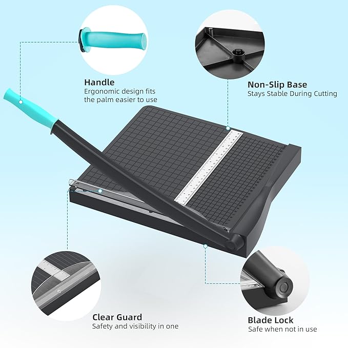 Papercutter 12" Cut Length Guillotine Paper Cutter with Safety Guard, 18 Sheet Capacity Heavy Duty Paper Trimmer, Large Paper Cutting Board for Cardstock, Photos, Office, Classroom, Studio