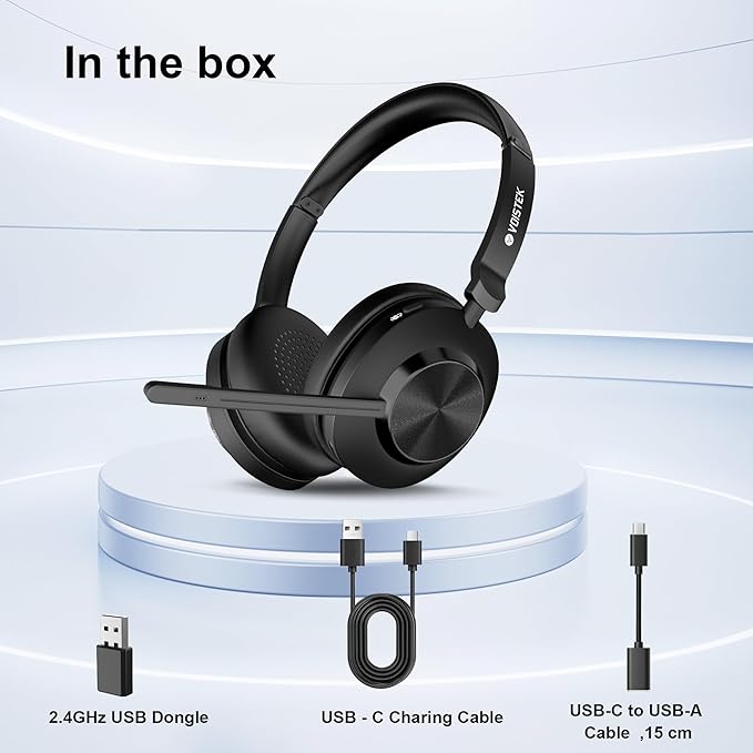 Voistek Bluetooth Headset with Microphone, Wireless Headset with Noise Cancelling Mic, USB A/C Dongle, Mic Mute Button, 45+ Hours Battery for Work, Office, Calls, Windows, MacOS, Android, iOS
