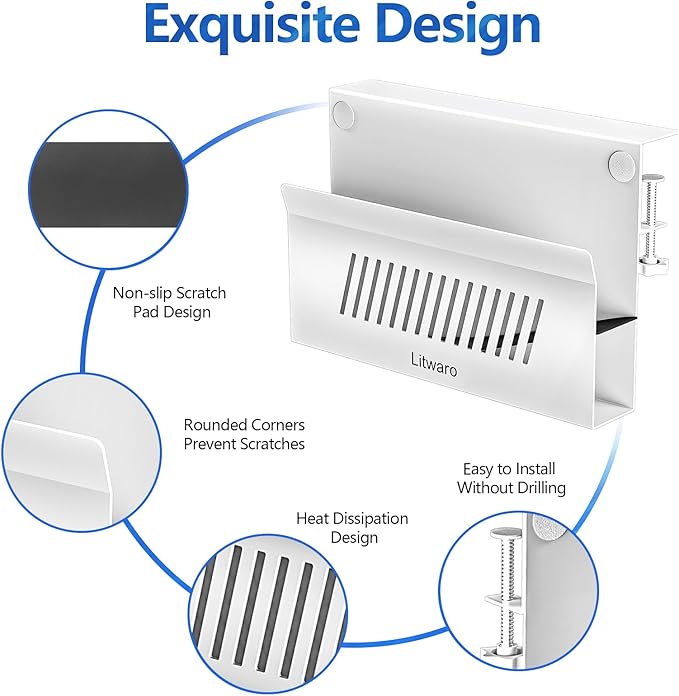 Litwaro Desk Side Storage, No Drill Laptop Holder with Magnetic Pen Holder, Under Desk Laptop Mount with Sticky Headphone Holder, Hanging Desks Organizer Fits Flat Edges 0.4" to 2" (White)