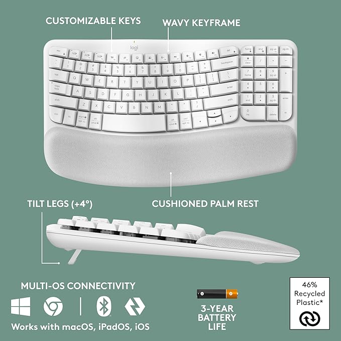 Logitech Wave Keys Wireless Ergonomic Keyboard with Cushioned Palm Rest, Comfortable Natural Typing, Easy-Switch, Bluetooth, Logi Bolt Receiver, for Multi-OS, Windows/Mac - Off White