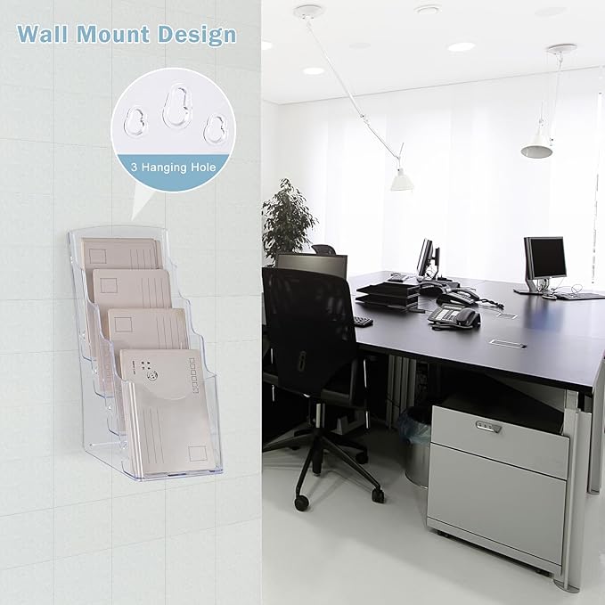 Acrylic Brochure Holder 4 x 9 Inches, 4 Tier Magazine Holder Brochure Display Stand, Clear Pamphlet Flyer Holder, Literature Booklet Holder for Countertop or Wall Mount Use, 2 Pack