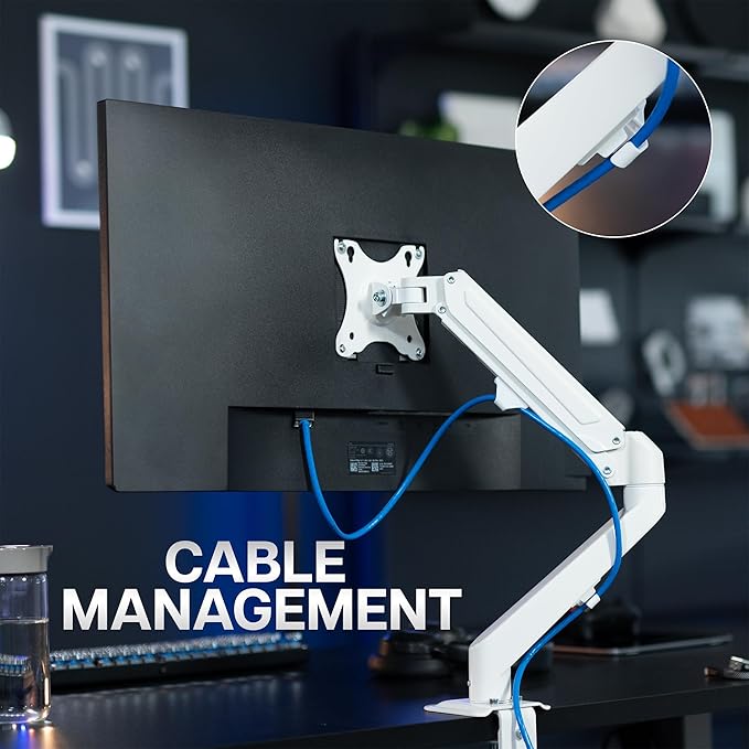 VIVO Heavy Duty Single Monitor Tension Arm for up to 27 inch Screens, Holds 14.3 lbs, Premium Desk Mount Stand, White, STAND-V101OW