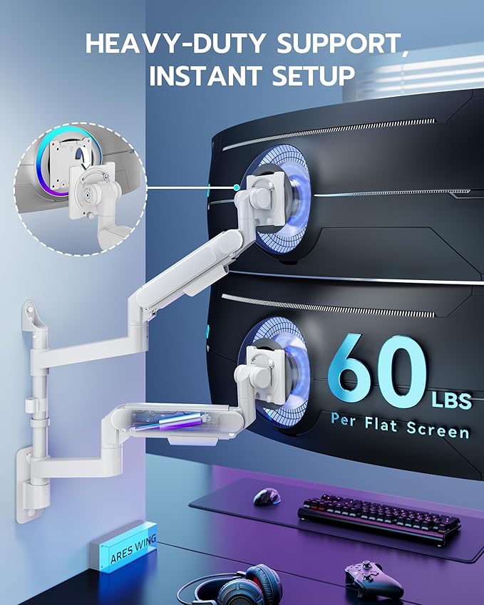 ARES WING Dual Monitor Wall Mount for 24-57 Inch Ultrawide Screens, Premium Heavy Duty Monitor Arm Holds 60 lbs, Full Motion Gas Spring, Bearing Head for Easy Adjustment, 75/100 VESA Mount, White