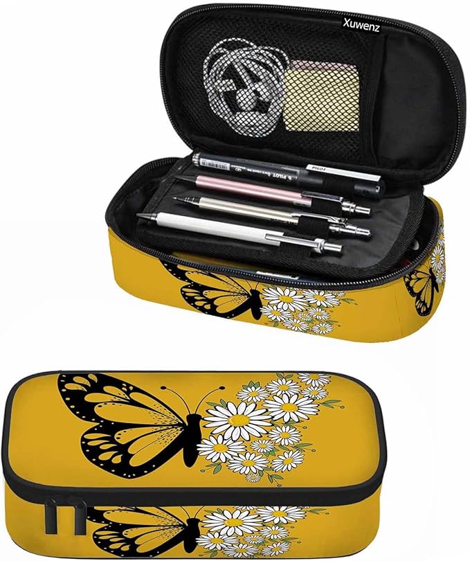 Butterfly Pencil Bag Daisy Flower Bright Yellow Big Capacity Pencil Case Pencil Pouch Pen Bag School Students Boy Girl