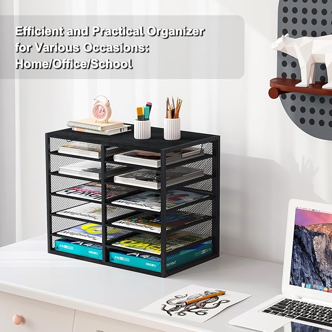 PAG Desktop Mail Sorter Industrial Countertop Heavy Duty Literature Organizer Bill Paper Holder Rack Student Mailbox for Classroom 12 Compartments Filing Cabinet for Office Home School, Black