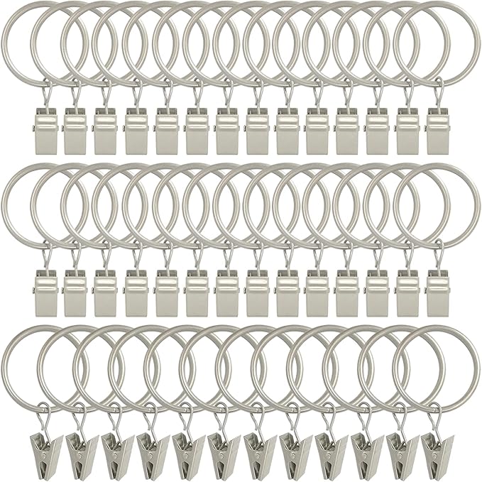 LLPJS 40 Pack Curtain Rings with Clips, Curtain Clip Rings Hooks, Bow Hanger Clips for Hanging Drapery Drapes Bows, Ring 1.26 inch Interior Diameter, Fits up to 1" Rod, Matte Silver