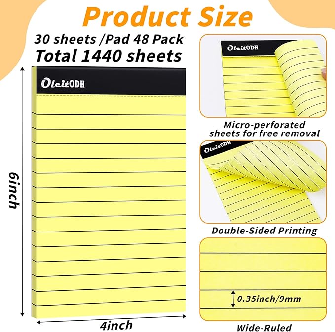 Oleitodh 4x6 Notepads – 48 Pack Yellow Memo Pads Small Writing Pads with Perforated Lined Pages, Mini Note Pads 50 Sheets per Lined Note Pads 4x6, Pocket Notepads for Office School Home Supplies
