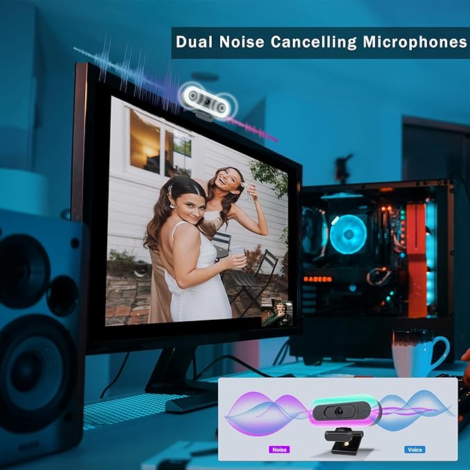 Hrayzan 2K USB C Camera Autofocus PC Webcam with Dual Microphones/Ring Light/Fill RGB Light/Cover, 65°FOV, Plug and Play Web-Cam Streaming Web Camera for Desktop Computer Laptop Mac Zoom