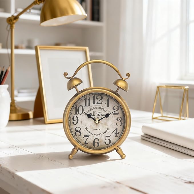 Antique Gold Table Clock for Living Room Decor, Rustic Farmhouse Desk and Shelf Clock, Silent Non-Ticking Mantel Clock for Bedroom, Living Room, Kitchen, Battery Operated