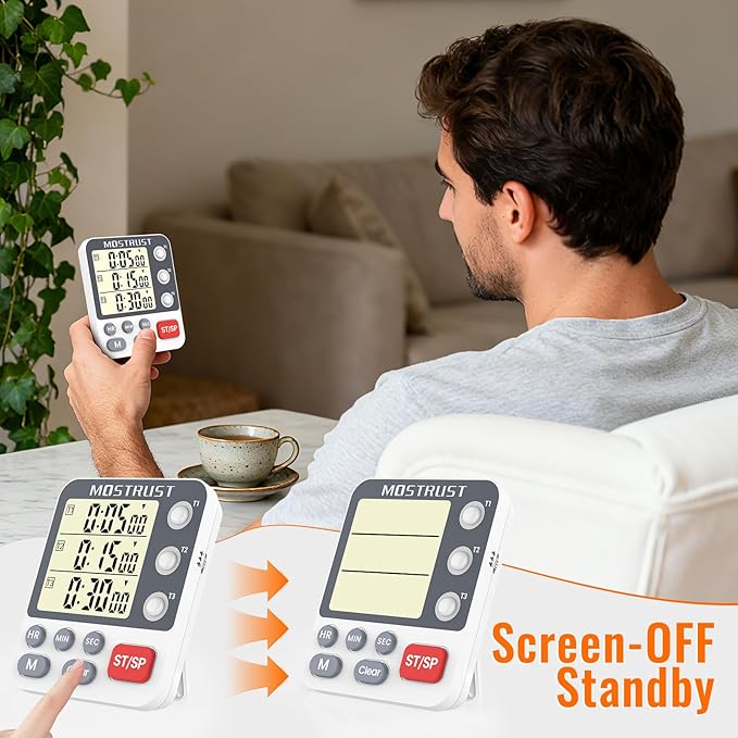 Digital Dual Kitchen Timer, 3 Channels Countdown Triple Timer for Cooking, Magnetic Memory-Preset Large Display Adjustable Alarm Volume, Multi Times Management, 3A Battery Included, White