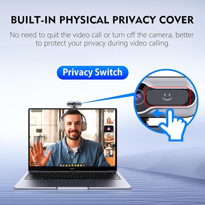 TOALLIN 2K QHD Webcam with Windows Hello, Facial Recognition Web Camera, 5 Million Pixels, Auto-Focus Computer Camera, USB Webcam with Microphone & Privacy Shutter