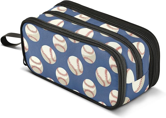 Baseballs Ball Blue Pencil Case Box Boys Girls Large Pencil Pouch with Zipper Compartments Big Capacity Stationery Pen Bag Organizer for Kids Teens Adults School