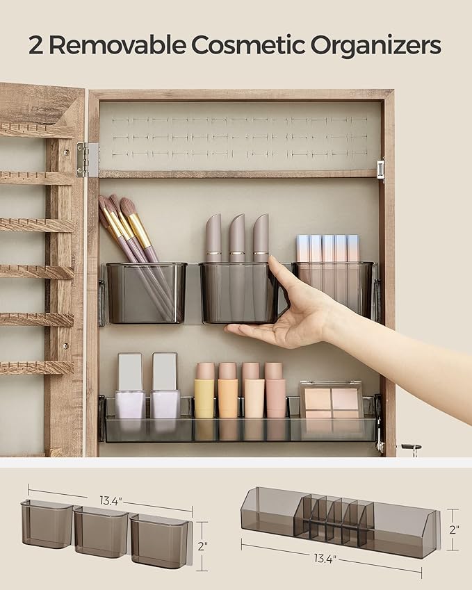 SONGMICS Mirror Jewelry Cabinet Armoire, Wall or Door Mounted Jewelry Storage Organizer, Hanging Lockable Frameless Mirror Cabinet with 2 Cosmetic Organizers, Gift Idea, Toasted Oak Color UJJC001N01