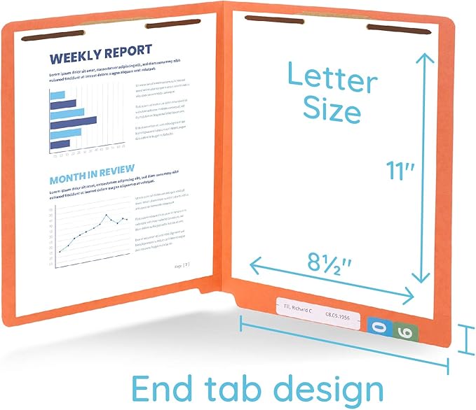50 Orange End Tab Fastener File Folders - Reinforced Straight Cut Tab - Durable 2 Prongs Designed to Organize Standard Medical Files, Receipts, Office Reports, and More - Letter Size, Orange, 50 Pack