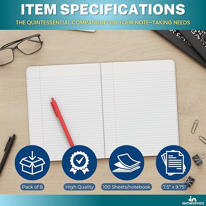 1InTheOffice Wide Ruled Composition Notebook 7.5" x 9.75", Wide Ruled Paper, 100 Sheets, White/Black, (8/Pack)