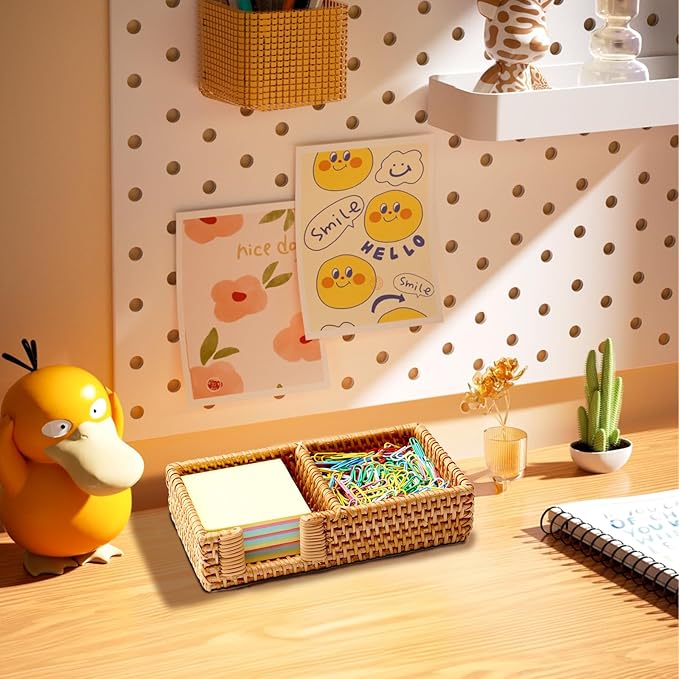 3 x 3 Inch Sticky Note Holder,Rattan Post It Note Dispenser,2 Slot Sticky Note Dispenser,Wicker Post It Holder for Home Office Desk Decor,Honey Brown