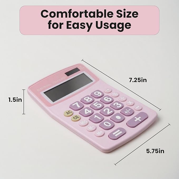 Lily' Home Jumbo 12 Digit with Solar Power, Large LCD Display - Desktop Calculator, Dual Power, Large Button Design, Battery Operation, Easy-to-Read Tilted, for Home, Office, School & Business - Pink