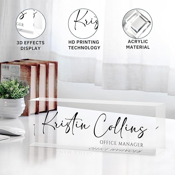 Custom Name Plate for Desk, Personalized Desk Name Plate on Clear Acrylic Glass, Appreciation Gifts for Teacher Employee Boss Coworkers Nurse, Office Desktop Accessories For Women Men (Ink)