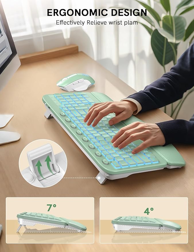 SABLUTE Ergonomic Wireless Keyboard and Mouse Combo - Wave Keyboard with Soft Leather Wrist Rest, Resistant Keys, RGB Backlit Rechargeable Set for PC/Mac/Chromebook (Green)