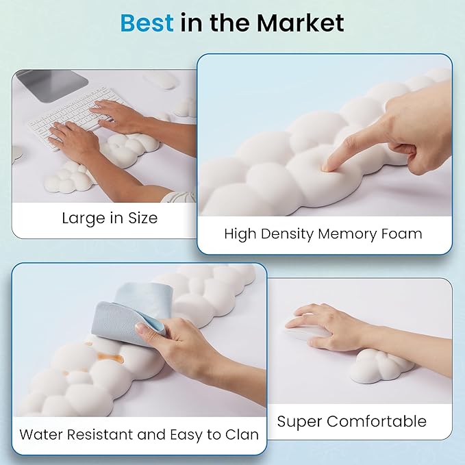 Cloud Keyboard Wrist Rest – Ergonomic Memory Foam Wrist Pad for Computer Keyboard, Comfortable Cloud Mouse Pad, Keyboard Wrist Rest and Cloud Coaster with Non-Slip Base